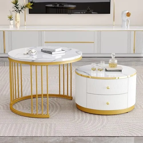 BTM Elegantes 2-teiliges, weißes Couchtisch-Set in Nestform, 60*60*45.5cm & 50*50*32cm, runde Tische mit hochglänzender Marmoroptik, 2 Schubladen, bis 30kg belastbar,Nesting-Kombination Couchtisch