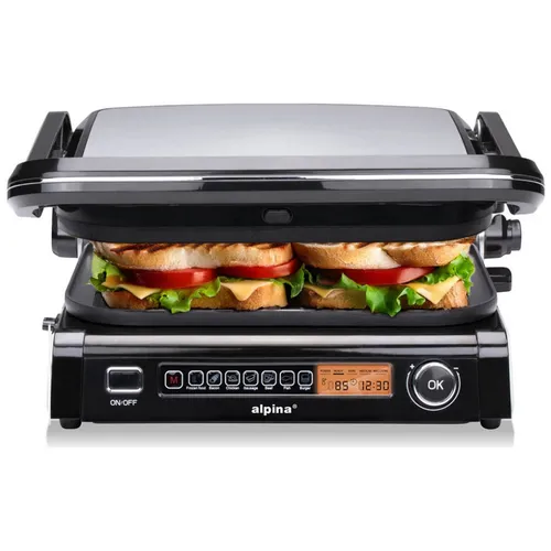 alpina Kontaktgrill Optigrill 2100W - Multifunktionaler Sandwich Maker und Panini Grill - Grills: 8 Grillmodi, Smart-Cooking-Funktion und antihaftbeschichtete Platten für einfaches Grillen von Fisch, Burger und mehr!
