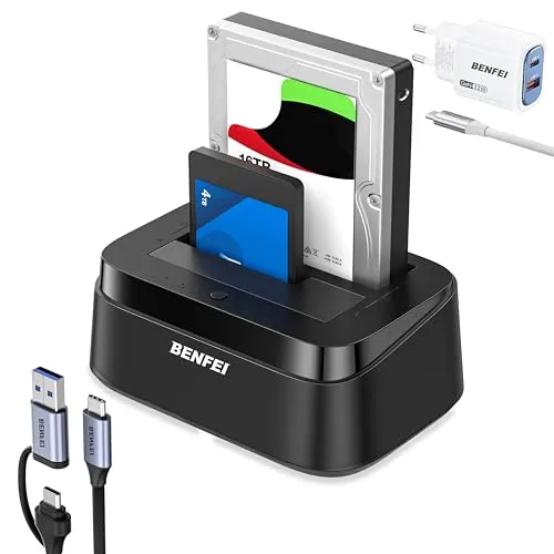 BENFEI USB C Festplatten Dockingstation – Dual Bay Offline Klonen Funktion für 2,5”/3,5”SATA HDD & SSD, USB 3.0 Festplattengehäuse, 5Gbps, UASP, Werkzeuglos