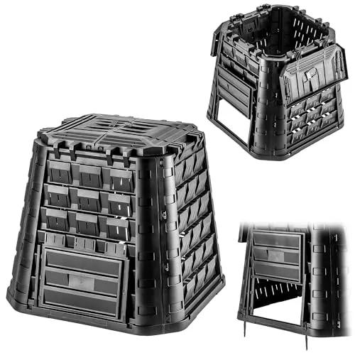 KADAX Gartenkomposter aus Kunststoff, Komposter für Gartenabfälle, Komposttonne mit Lüftung, Kompostbehälter mit Tröpfchenbewässerung, Schnellkomposter (Schwarz 450 L)