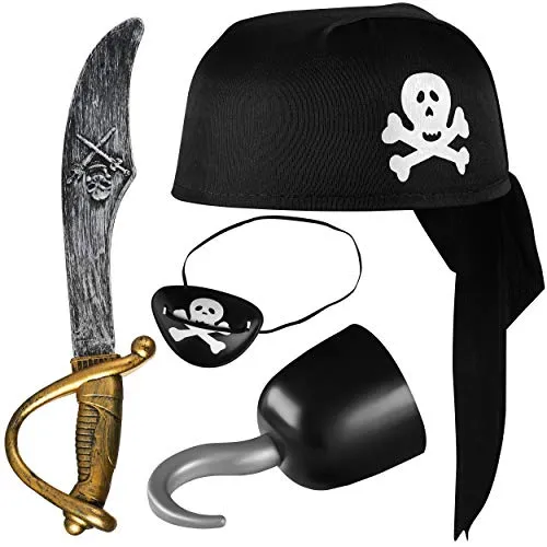 Balinco Piratenset 4-teilig für Kinder bestehend aus Schwarzem Piratenhut + Säbel + Augenklappe + Piratenhaken