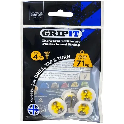 GripIt Gelb 15 mm Gipskarton-Befestigungen für Ständerwände – Maximale Belastung 71 kg (4 Stück)
