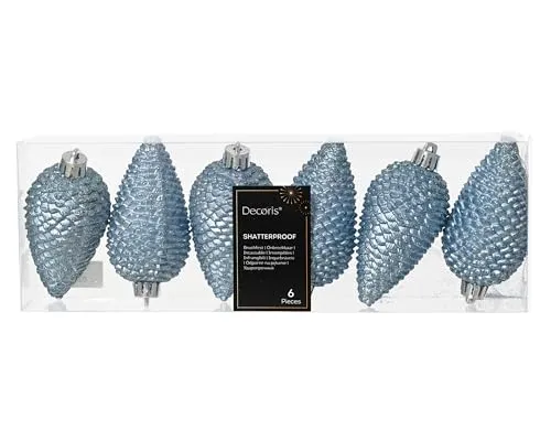 Kaemingk Christbaumschmuck Zapfen 8cm Kunststoff 6 Stück - bruchsicher & mit Glitzer - Christbaumkugeln Weihnachtsbaumkugeln - Weihnachtsbaumschmuck - Eisblau