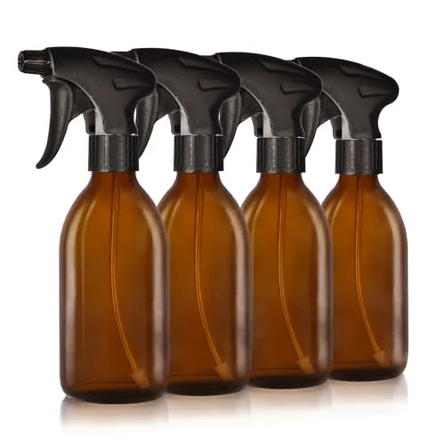Oputec 4 x 250ml Braunglas-Sprühflaschen zum Befüllen mit ergonomischem Sprühkopf – Hochwertige, nachfüllbare Glas-Wassersprühflaschen für Pflanzen, Blumen, Reinigungsmittel, Haushalt & Haarpflege