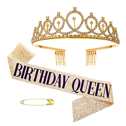 YOUDALIS Geburtstagskrone Schärpe,Gold Geburtstag Kristall Tiara Krone Schärpe mit Birthday Queen,Frauen Party Accessoires für Birthday Crown Prinzessin Haar-Zusätze