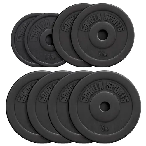 GORILLA SPORTS® Hantelscheiben Set - 27,5 kg, 30mm Bohrung, aus Kunststoff - Ideal für Krafttraining: Unsere Hantelscheiben bieten vielseitige Einsatzmöglichkeiten für verschiedene Übungen und sind dabei langlebig, geräuscharm und bodenschonend.