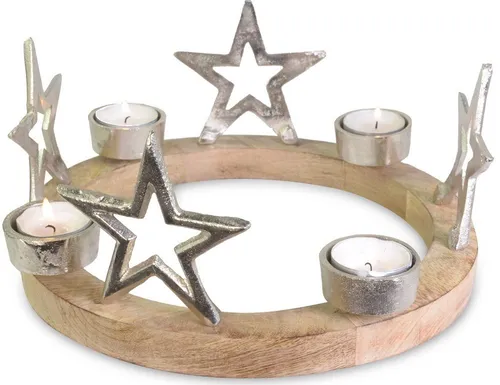 RIFFELMACHER & WEINBERGER Adventskranz mit Sternen für Teelichter, Ø 25 cm - Adventskranz aus Holz im modernen Landhausstil, verziert mit silbernen Sternen, ideal für stimmungsvolle Tischdekoration in der Adventszeit.