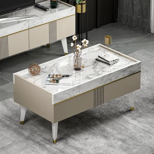 HOMIDEA KARYA Couchtisch – Eleganter Wohnzimmertisch in Beige/Marmoroptik