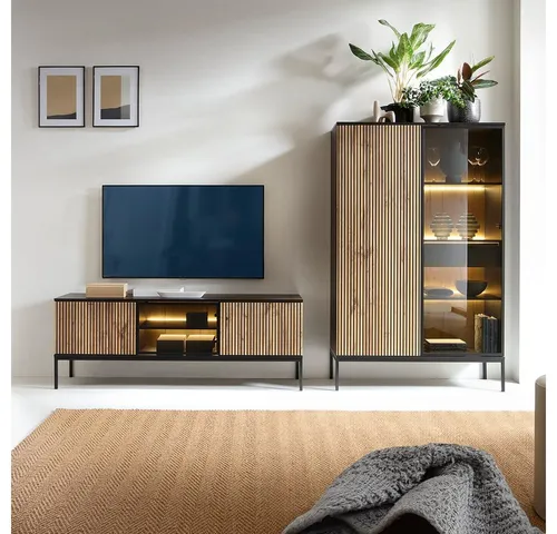 Produktbild Lomadox Wohnzimmer-Set SIBARI-160 – 2-tlg. in Schwarz mit Wotan Eiche