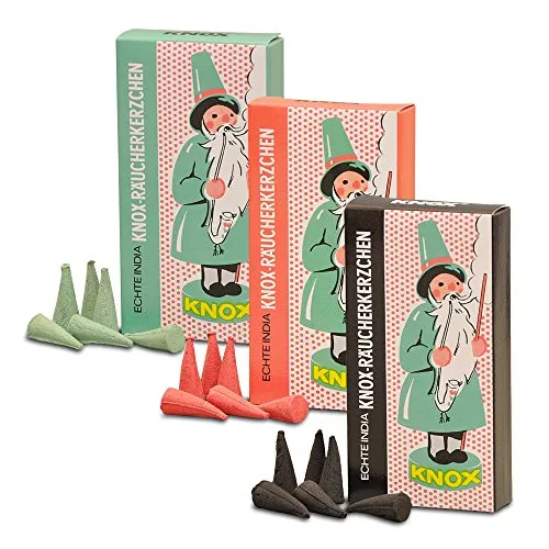 OLShop AG 3er Pack Knox Räucherkerzen Ostalgie Design Tanne, Weihrauch-Myrrhe, Weihrauch-Sandel, 3 x 24 Stück, Weihnachtskerze, Räucherkegel, Räucherpyramide