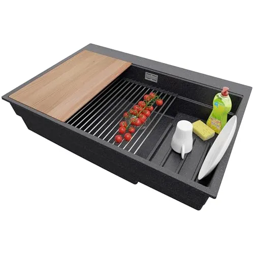 PRIMAGRAN Spülbecken Anthrazit 78x53cm, Granitspüle 1 Becken + Ablauf-Set + Küchenzubehörset, Küchenspüle ab 80er Unterschrank - Oslo Max S111