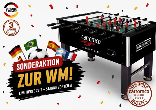 Carromco Kicker Stadium-XT schwarz - Tischfußballspiel mit professionellen Spielfiguren und griffigen Soccer Bällen, ideal für intensiven Spielspaß in jedem Spielzimmer.