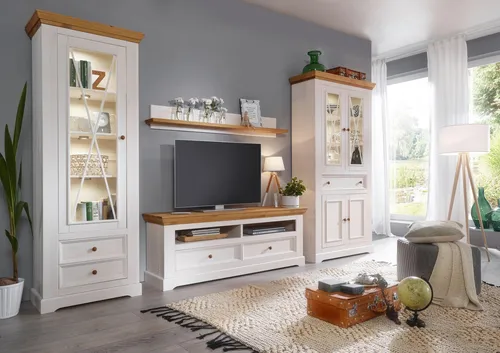 Wohnwand >WZ-0133< (4-teilig) weiss / eichefarbig - 357x214x42 (BxHxT)