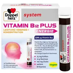 Doppelherz Vitamin B12 Plus system Trinkampullen - Nahrungsergänzungsmittel mit 500 μg Vitamin B12, unterstützt den Energiestoffwechsel und hilft gegen Müdigkeit – ideal für unterwegs mit leckerem Orange-Grapefruit-Geschmack.
