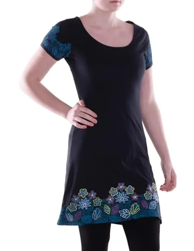 Vishes Alternative Bekleidung - Damen mittellanges Kleid Baumwolle Blumen-Muster mit Stickerei schwarz 48