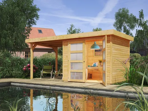 KARIBU Gartenhaus Münster 1 - Naturbelassenes Fichtenholz mit Anbaudach - Praktisches Gartenhaus mit 19 mm Wandstärke und 2,4 m Anbaudach. Ideal für Stauraum und geschützte Bereiche im Freien. Das moderne Design und das einfache Steck-Schraubsystem ermöglichen eine schnelle Montage und Nutzung.