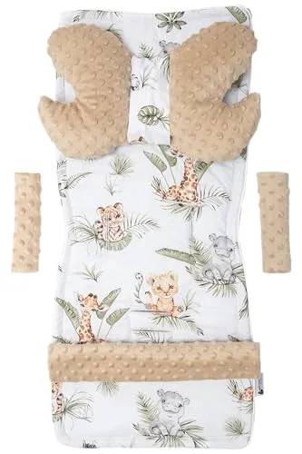Medi Partners Sitzauflage Kinderwagen Buggy Baby Sommer Kindersitz Einlage Universal - 5tgl Gurtpolster + Spielbogen Kinderwagenset Babyschale (Safari mit beige Minky)