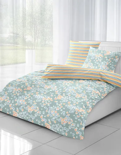Dormisette Fein Biber Wende Bettwäsche Mint 135x200 cm - Moderne Bettwäschegarnitur in Mint mit Blumenmuster, aus 100% Baumwolle. Öko-Tex zertifiziert, pflegeleicht und für 3 Jahreszeiten geeignet. Perfekt für gemütliche Nächte im Schlafzimmer.