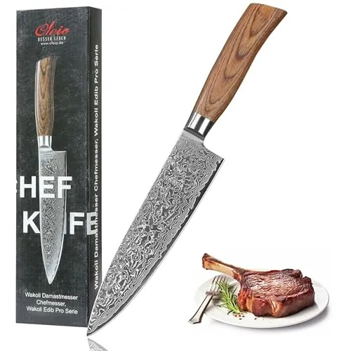 Wakoli EDIB Pro Premium Damast Chefmesser – 20 cm Klinge aus 67 Lagen Damaststahl - Küchenmessersets mit scharfer 20 cm Klinge aus 67 Lagen Damaststahl, ergonomischem Pakkaholzgriff und einzigartiger Damaststruktur – ideal für präzise Schneidarbeiten und als hochwertiges Geschenk.