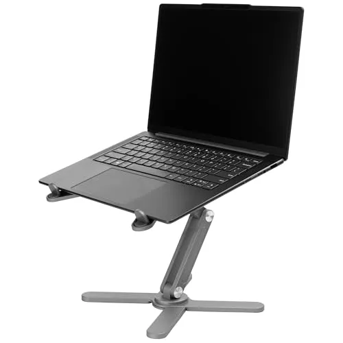 Faltbarer Laptop- und Tablet-Ständer aus Aluminiumlegierung – Ergonomisch und Tragbar - Laptop-Ständer mit 360°-Drehung und doppelter Höhenverstellung für optimale Ergonomie und Komfort. Ideal für Laptops bis 15,6 Zoll, leicht transportierbar und stabil dank X-Struktur-Basis.