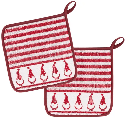 KRACHT 2er Set Topflappen 100% Baumwolle Frottier Serie Wichtel ca. 22x22 cm rot