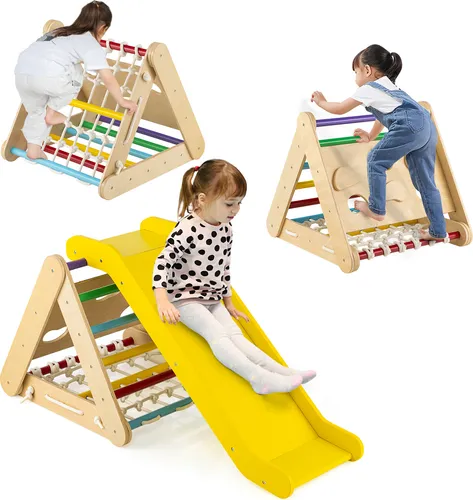 COSTWAY 4in1 Kletterdreieck mit Rutsche für Kinder - 3-seitiges Klettergerüst aus natürlichem Holz, bietet vielseitigen Spielspaß und fördert die motorischen Fähigkeiten. Ideal für drinnen und draußen, sicher und stabil für Kinder ab 1 Jahr.