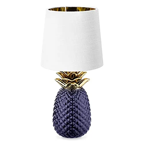 Navaris Tischlampe im Ananas Design - 35cm hoch - Deko Keramik Lampe für Nachttisch oder Beistelltisch - Dekolampe mit E14 Gewinde in Violett-Weiß