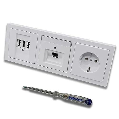 Busch Jäger, Rutenbeck Unterputz Netzwerkdose 10 Gigabit/S 10GbE KAT6A 6A 1x RJ45 Anschluss + EBROM Telefon TAE 3x6 NFN + Steckdose Future Linear Studioweiß + EBROM Phasenprüfer zur Montage d. Geräte