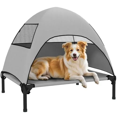 PawHut Hundeliege Outdoor mit Dach - Erhöhtes Hundebett für mittelgroße Hunde, schützt vor Sonne und Feuchtigkeit mit atmungsaktivem Design - ideal für Camping und unterwegs.