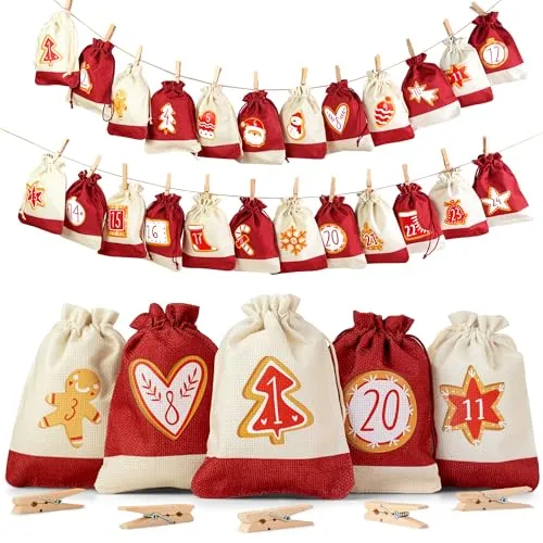 EDELHAUS® Adventskalender zum Befüllen [24 Stück] Weihnachtskalender 2025 [18 x 13cm XL Groß], Weihnachtsdeko Säckchen/Tüten/Jutesäckchen, Geschenktüten zu Weihnachten mit Weihnachts Designs