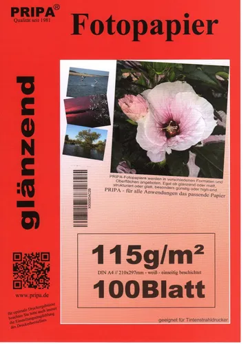 Blatt PRIPA Fotopapier DIN A4 (ca. 210-297mm) 115g/m² glossy/glänzend DÜNN 100