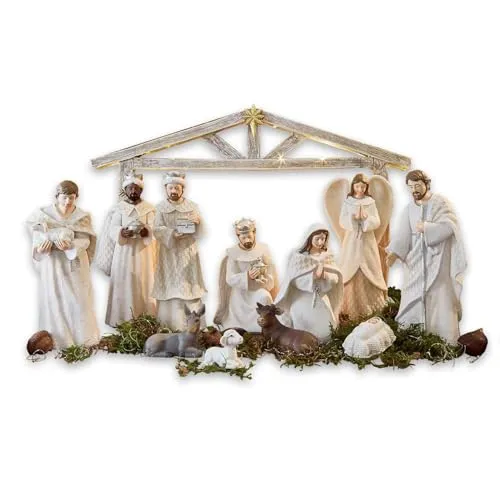 Loberon Krippenfiguren 12er Set Santo - Deko Figuren - Weihnachtsdeko - Jesus, Maria, Josef, Engel, Die Heiligen 3 Könige, Tiere & Krippe
