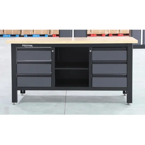FEISTOS Werkbank Heros 3, 1-tlg – Robuste Werkstatteinrichtung - Werkbänke mit Lochwand, anthrazit/schwarz, 169x60x87 cm. Die FEISTOS Werkbank Heros 3 bietet eine massive Arbeitsplatte und vielseitige Lagermöglichkeiten für effizientes Arbeiten in deiner Werkstatt.