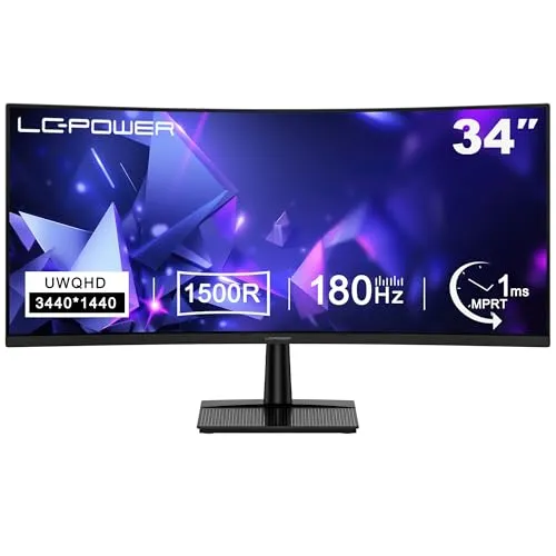 LC-POWER LC-M34QC 34 Zoll Ultrawide WQHD Curved Gaming Monitor, 3440x1440 Display, 21:9, 1500R, 180Hz, 1ms MPRT, VA, HDR10, Adaptive Sync, 2xHDMI 2.0, 2xDP 1.4