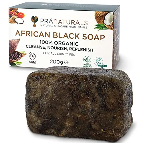 Produktbild PraNaturals Organisch Afrikanische Schwarze Seife 200g, Vegan Kosmetik, Für Alle Hauttypen, Handgefertigt Im Tropischen Ghana (1x200g)