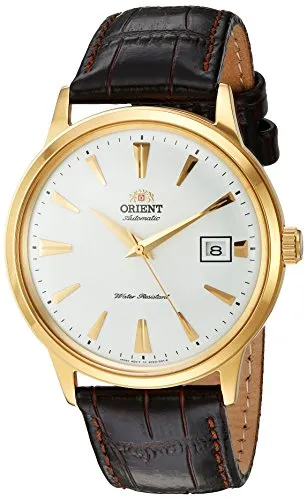 Produktbild Orient Bambino Version I, japanische Automatik-Armbanduhr aus Edelstahl und Leder, Goldfarben, Gurt
