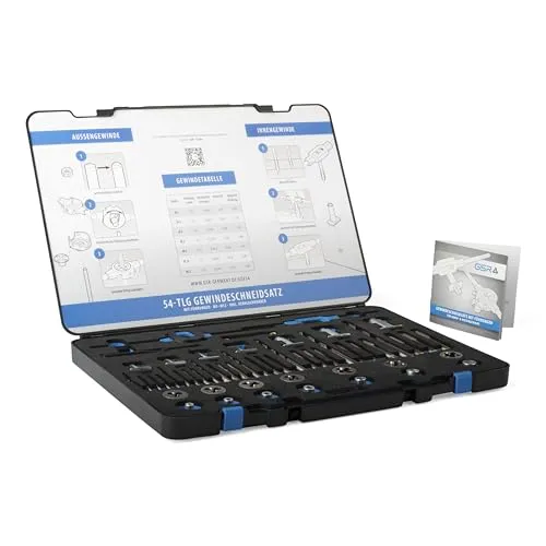 GSR Gewindeschneider Set 54-teilig für präzise HSS-Innen- und Außengewinde, M3–M12, mit Handgewindebohrern, Führungen, Kernloch-Spiralbohrern, Schneideisen, verstärkten Haltewerkzeugen