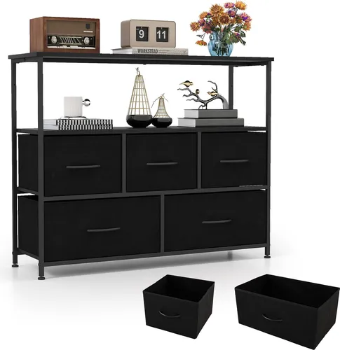 KOMFOTTEU Kommode mit 5 faltbaren Schubladen und 2 offenen Regalen - Klassische Kommode mit 2 offenen Regalen und 5 faltbaren Schubladen zur stilvollen Aufbewahrung. Robuste Metallstruktur sorgt für Stabilität, ideal für Wohnzimmer oder Schlafzimmer. Praktisch und dekorativ zugleich.