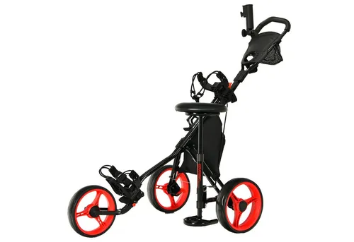 COSTWAY 3-Rad Golftrolley mit hydraulischem Sitz - Golfwagen mit robustem Stahlrahmen, verstellbaren Griffen und umfangreichem Zubehör, ideal für jeden Golfspieler, um bequem und organisiert auf dem Platz zu sein.