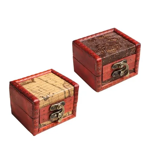 Qaixwuyi 2 Stück Mini Schatztruhe Vintage kleine Holzkiste Mini Schmuckkästchen Holz Schatzkiste Holz mit Schloss Kleine Holzkiste Vintage Schatzkiste Für Aufbewahrung Schmuck Halsketten Ohrringe