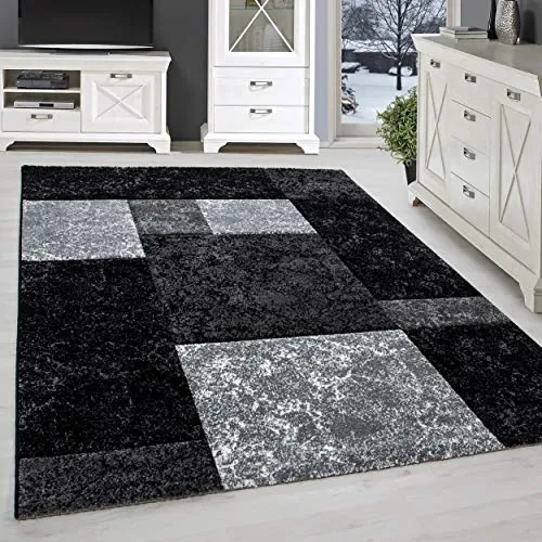 SIMPEX Kurzflor Teppich, Kariert Design, Teppich Schwarz, 80 x 150 cm, Teppich modernen Stil, Teppich Wohnzimmer