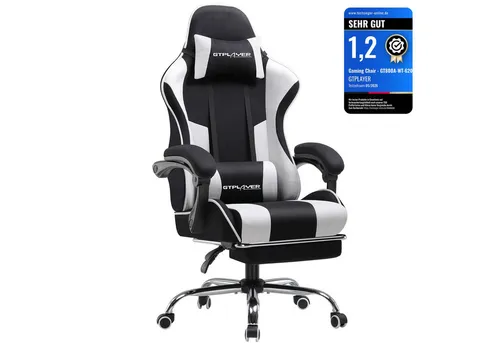 GTPLAYER Bürostuhl Gaming Stuhl mit Fußstütze und Kopfstütze - Ergonomischer Gaming Chair in Weiß - Ergonomischer Gaming-Stuhl mit Kopfstütze und USB-Lendenkissen für optimalen Komfort beim Spielen oder Arbeiten. Robuste Metallbeine und atmungsaktiver Stoff sorgen für Langlebigkeit und angenehme Nutzung.