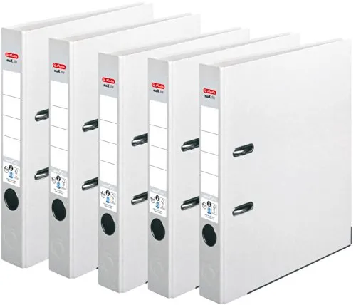 HERLITZ Ordner maX.file nature+ A4 5cm | Kraftpapierbezug selbstklebendes Rückenschild | 5er Sparpack in diversen Farben zur Auswahl (schmal 5cm | 5er Pack, Weiß)