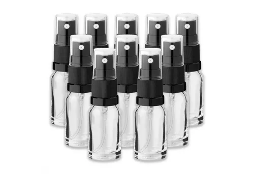 CK Verpackung GmbH Zerstäuberflasche 10x Klare Glasflasche 10 ml mit schwarzem Zerstäuber Sprühkopf Spray (Set x10)