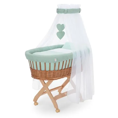 FabiMax Stubenwagen Natur Komplettset mit Matratze, Musselin-Schlafsack oder Bettwäsche, Himmel & Weidenkorb (Decke/Kissen, Grün)
