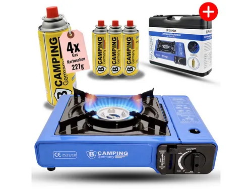 Bahama Gaskartuschen Set mit 4 Kartuschen 227g - Mobiler Campingkocher mit 1-Flamme und Trage-Koffer, ideal für Outdoor-Abenteuer und sicheres Kochen unterwegs.