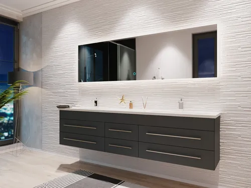 Magnolia Home Waschtisch Badmöbelset Colossos200 mit LED Spiegel - Elegantes 2-teiliges Badezimmermöbelset in Grafit, inklusive wandhängendem Waschtischunterschrank mit 6 Soft-Close-Schubladen und modernen LED Spiegel für stilvolle Akzente.