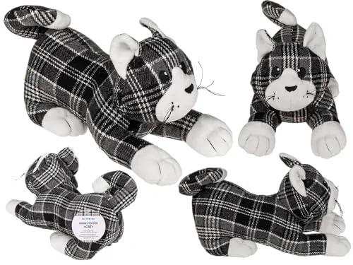 Schwarz/grau/weiß karierter Türstopper, Katze, ca. 28cm, aus 100% Polyester, ca. 1 kg