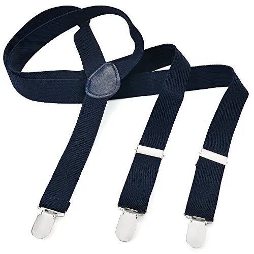Herren Damen Long Hosenträger Y Form Style 3er Clips elastisch Schmal Unifarbe und Bunt mit verschiedenen Motiv, Blau (Dunkelblau),Gr. One Size