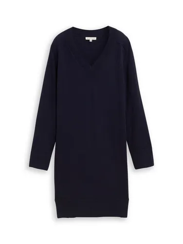 TOM TAILOR Midikleid mit V-Ausschnitt in Größe M (38) - Stilvolles Midikleid aus 95% Baumwolle und 5% recyceltem Kaschmir, ideal für elegante Anlässe. Bequem und modisch in trendy Navy Melange.
